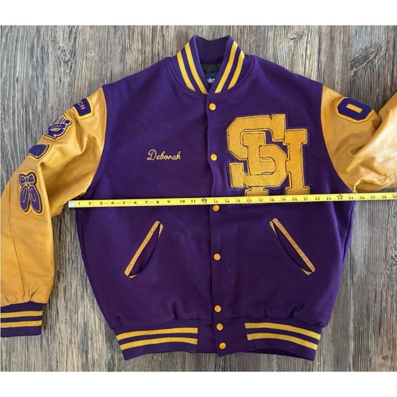 2002 Holloway Letterman Jacket Womens Lg Purple Mustard Eagles Speech Band Cheer - Picture 6 of 8
